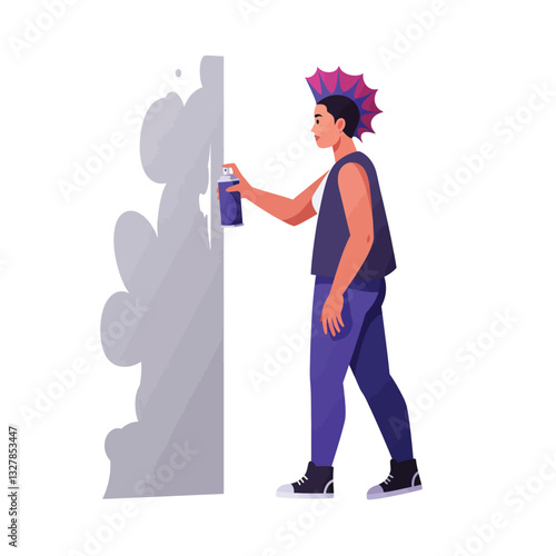 Young artist applying spray paint on wall in flat vector illustration