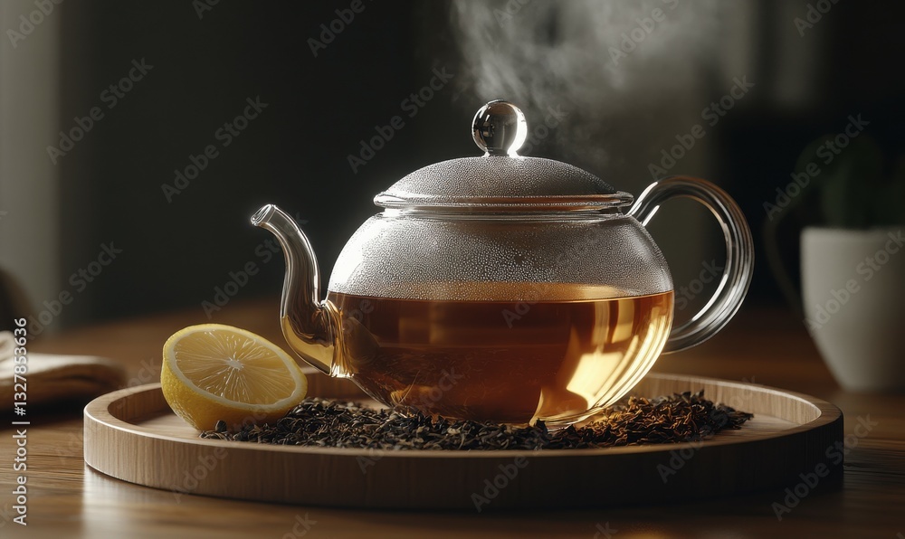 Freshly brewed tea in a glass teapot, steam rising, surrounded by loose tea leaves and a lemon wedge on a wooden tray, calming vibes, Freshly brewed tea in a glass teapot, steam rising, surrounded by loose tea leaves and a lemon wedge on a wooden tray, calming vibes,
