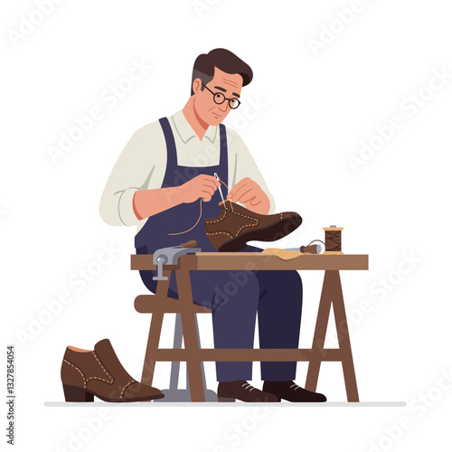 Skilled cobbler repairing shoes in a flat and detailed vector illustration