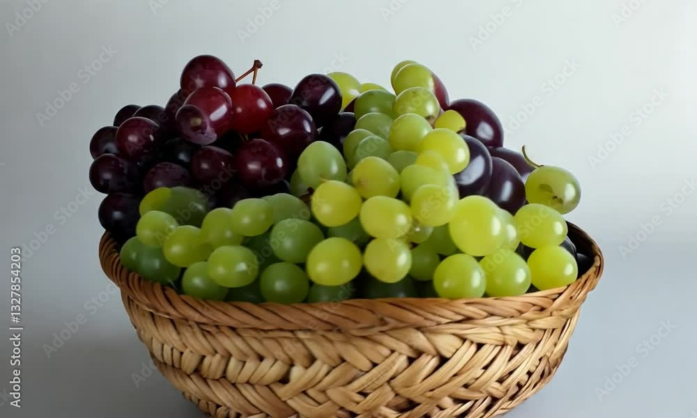 A woven basket filled with ripe red and green grapes, set against a neutral background A woven basket filled with ripe red and green grapes, set against a neutral background