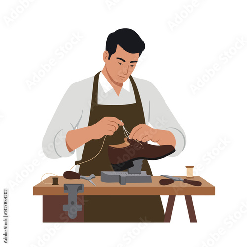 Shoe cobbler at work in detailed flat vector art showcasing craftsmanship and tools