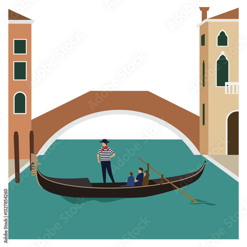 Gondolier navigating through narrow canal in flat vector art style