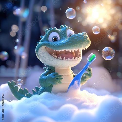 Cute cartoon crocodile brushing teeth in bubbles