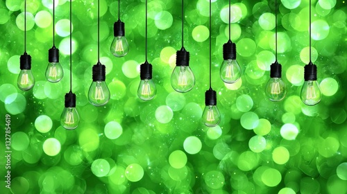   A string of light bulbs hanging above a green background with a blurred boke
