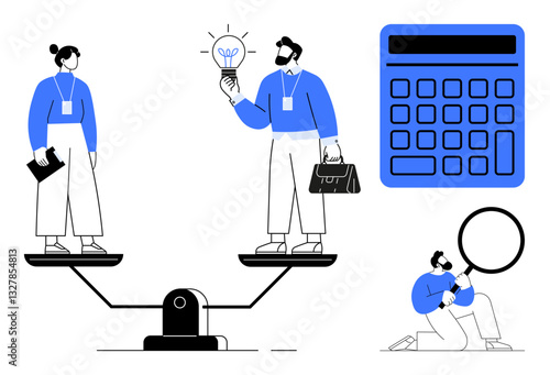 Wallpaper Mural Two professionals stand balanced on a scale, symbolizing equality. A man holds a lightbulb and briefcase, a woman holds documents. Nearby, a calculator and a magnifying glass suggest analysis. Ideal Torontodigital.ca
