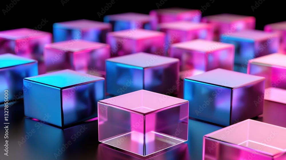 Discover a captivating visualization of data formation with clustered glass cubes in vibrant hues, set against a dark backdrop. Discover a captivating visualization of data formation with clustered glass cubes in vibrant hues, set against a dark backdrop.