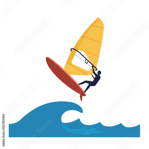Windsurfing athlete performing a jump over ocean waves in flat vector art