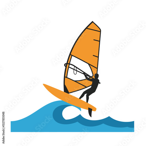 Windsurfer performing a dynamic jump on waves in flat vector art