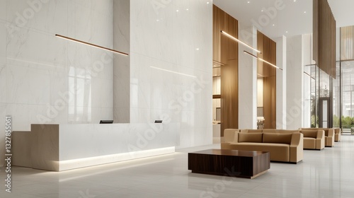 A modern hotel lobby with sleek white marble walls and a reception desk made of smooth, light wood