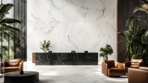 A modern hotel lobby with striking white marble walls and a reception desk in black stone