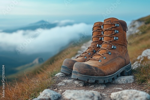 Well-worn hiking boots sit on stones, surrounded by lush grass and a breathtaking mountain landscape under a cloudy sky Generative AI photo