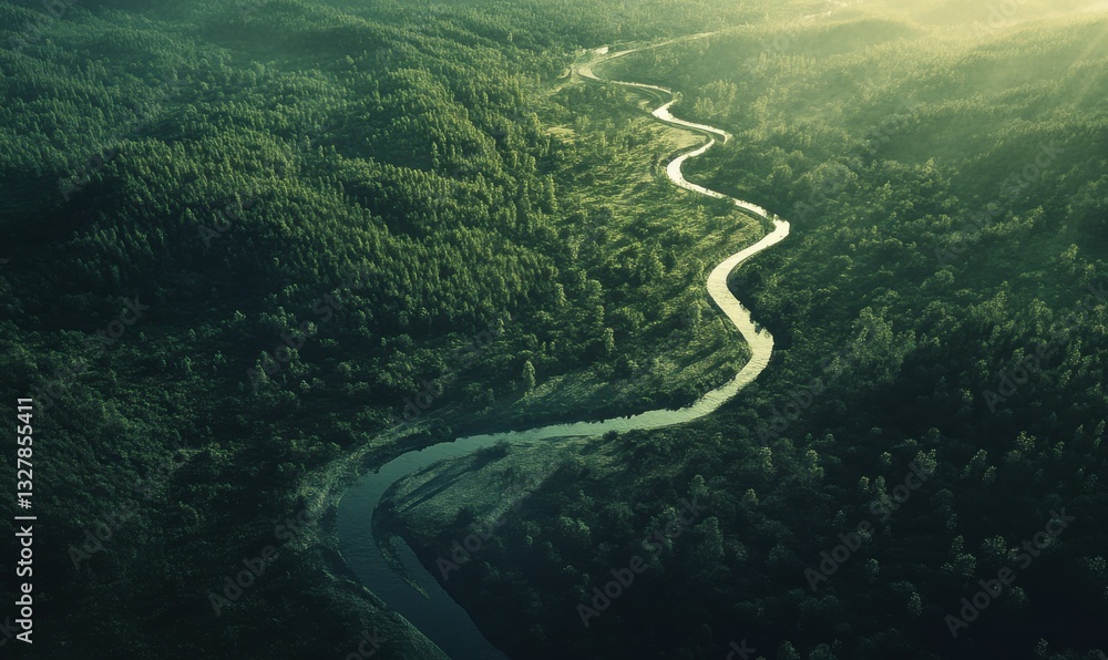 River winding through dense green forest under soft sunlight glow. River winding through dense green forest under soft sunlight glow.