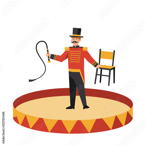 Circus ringmaster performing with chair in colorful flat vector art