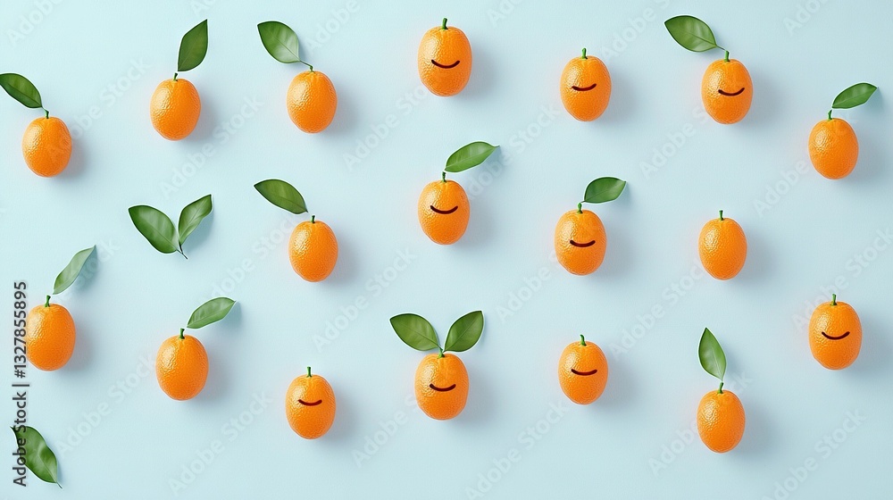 A group of oranges with faces drawn on them, featuring leaves atop and below their heads A group of oranges with faces drawn on them, featuring leaves atop and below their heads