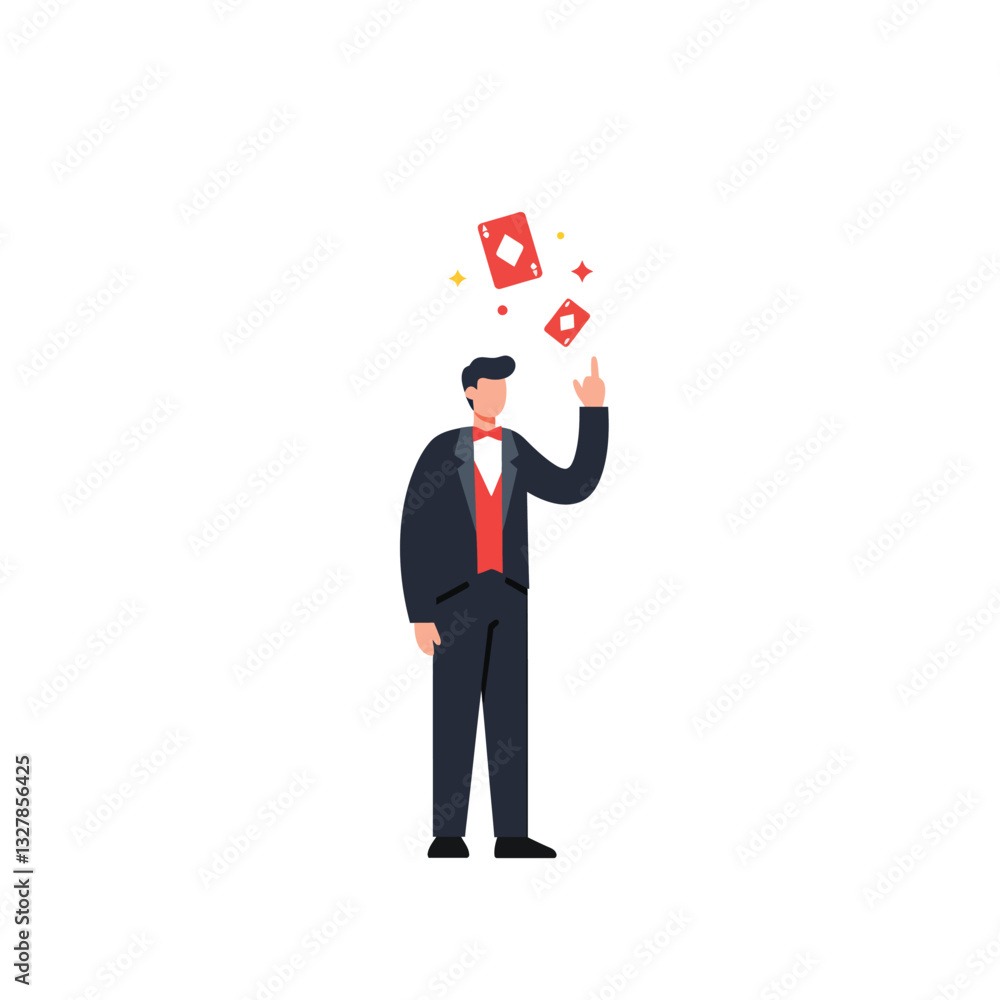 Magician performing tricks with cards in flat minimal vector art Magician performing tricks with cards in flat minimal vector art