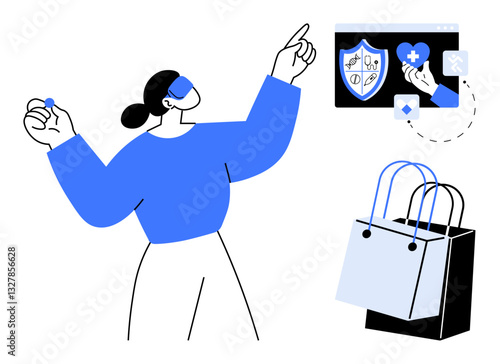 Woman interacting with web interface featuring security shields and healthcare symbols, accompanied by shopping bags. Ideal for online shopping, cybersecurity, digital healthcare, customer