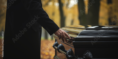 The hand of an elderly man touches a dark coffin at a funeral.