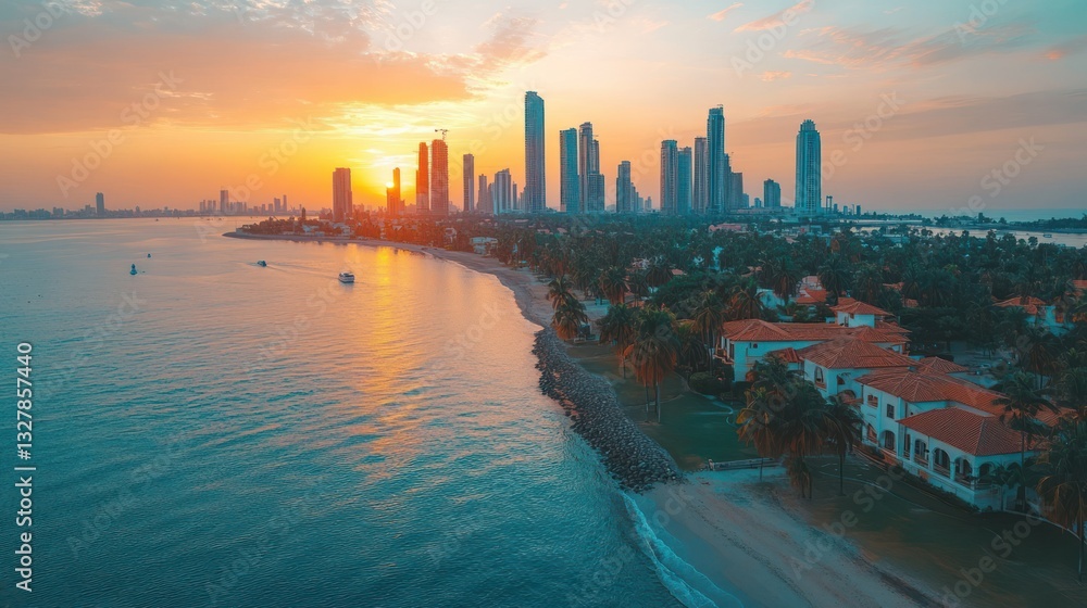 Naklejka premium Sunrise cityscape, luxury beach, coastal homes