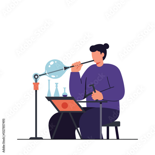 Glassblower shaping molten glass in modern flat vector art illustration