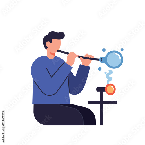 Glassblower shaping molten glass with precision in flat vector art