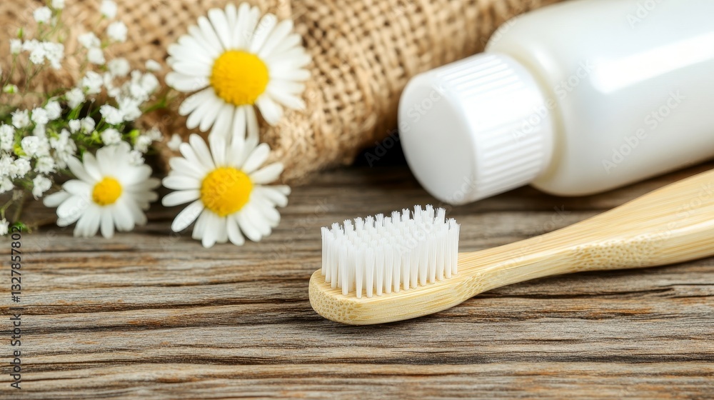 Toothbrush, lotion, and daisies arranged on wooden table Toothbrush, lotion, and daisies arranged on wooden table