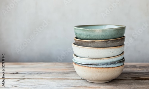 Stacked Ceramic Bowls on a Weathered Wooden Table
