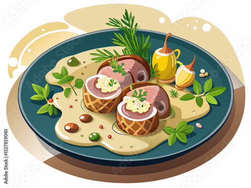 vector of  Iberian pork fillet medallions in cream sauce with mushrooms and herbs on Nordic design plate