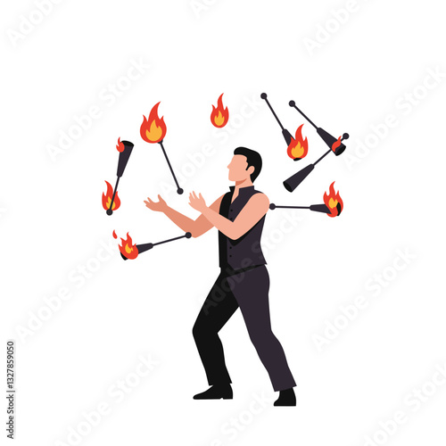 Juggler performing with flaming torches in flat vector art style