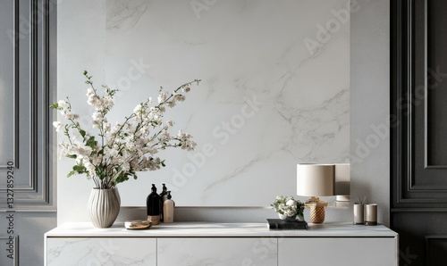 White marble dresser with simple hardware and mirror above, elegant decor, white marble, mirror