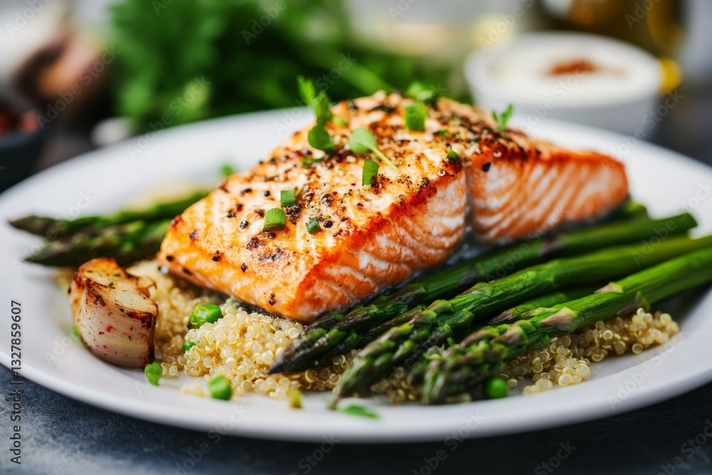Succulent salmon is grilled to perfection, accompanied by tender asparagus and fluffy quinoa, garnished with fresh herbs in a vibrant kitchen atmosphere Generative AI Succulent salmon is grilled to perfection, accompanied by tender asparagus and fluffy quinoa, garnished with fresh herbs in a vibrant kitchen atmosphere Generative AI