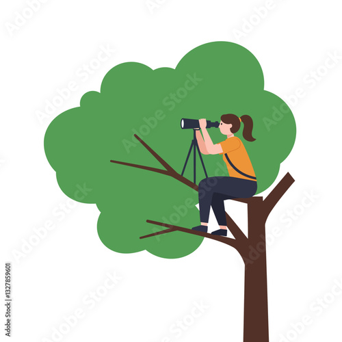 Woman observing nature from a tree branch in flat vector art