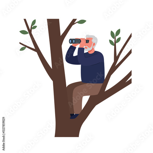 Elderly man observing nature from a tree in flat vector art style