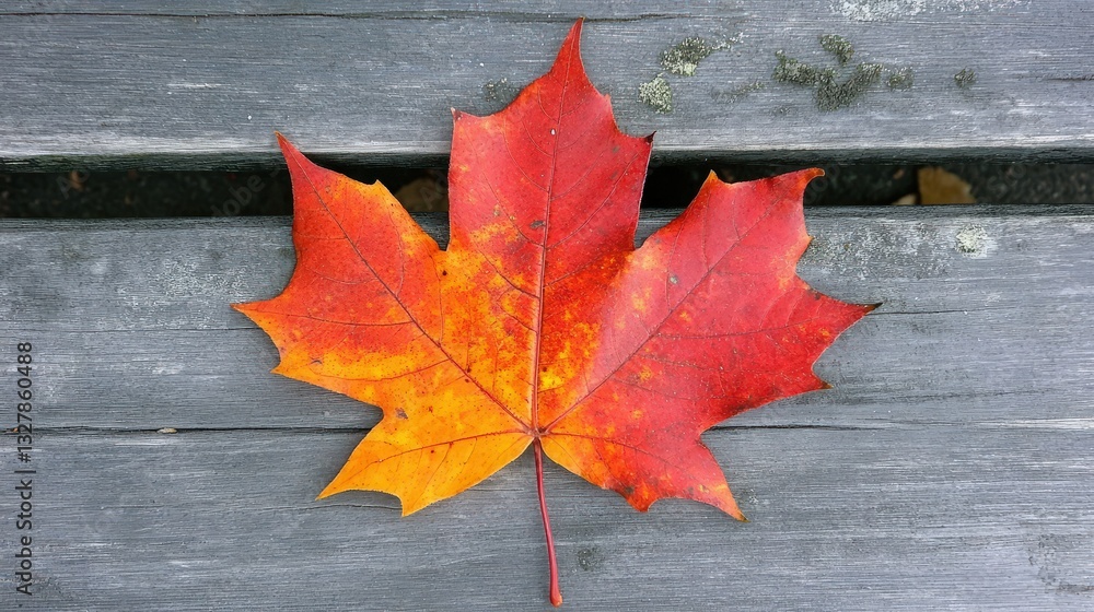 Natural maple leaf resting on a bench captured in clear photo Natural maple leaf resting on a bench captured in clear photo