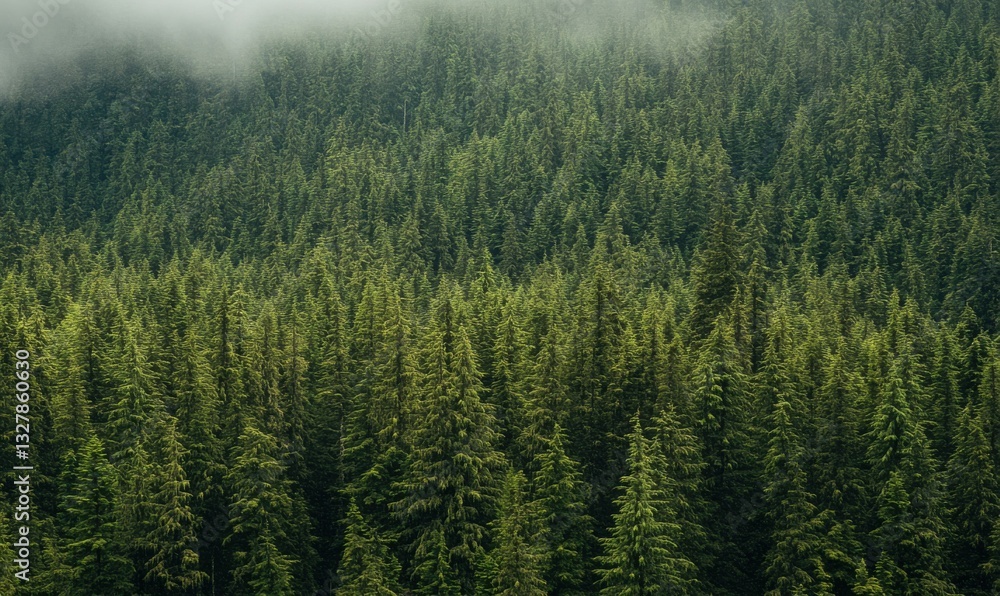 Dense forest with mist covering treetops under cloudy grey sky. Dense forest with mist covering treetops under cloudy grey sky.
