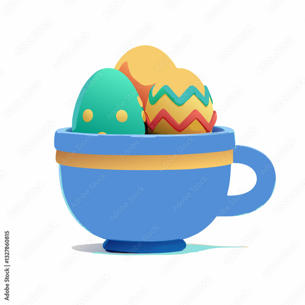 Colorful eggs in blue cup easter celebration digital art whimsical environment eye-level view festive concept