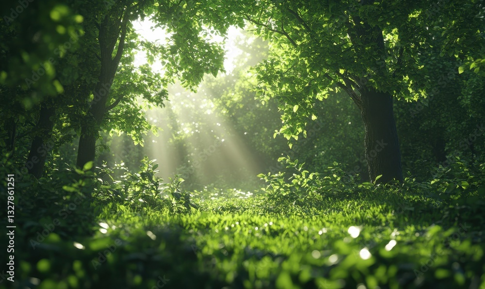 Fototapeta premium Peaceful woodland clearing with soft rays of sunlight filtering through dense trees, illuminating vibrant green foliage