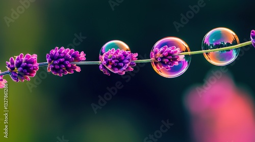   A cluster of bubbles rests atop a vibrant lavender blossom adjacent to an emerald stalk bearing more lavender blooms