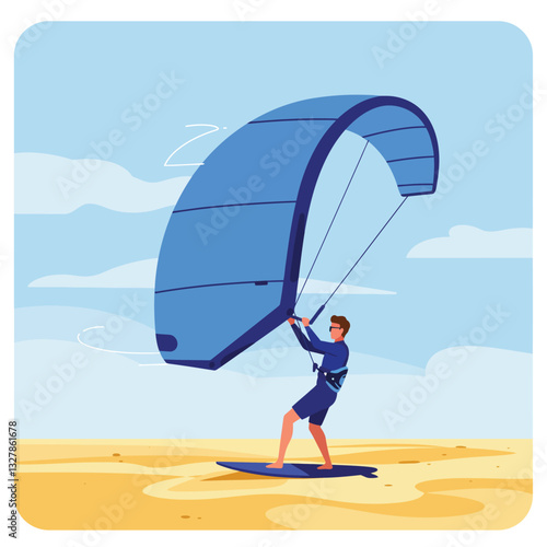 Kite surfer preparing to launch with blue kite in flat vector illustration