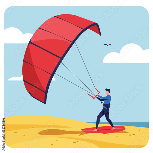 Paragliding adventure on sandy beach with minimal design style vector art