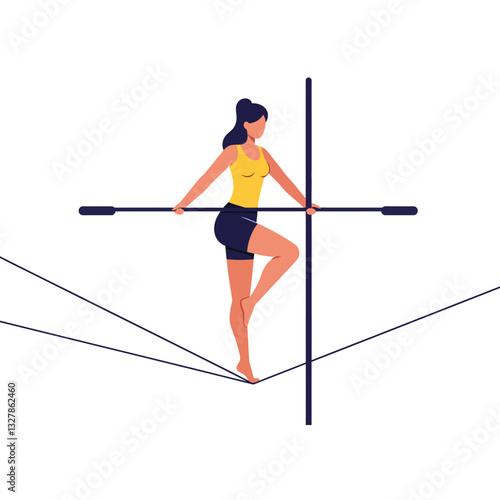 Woman balancing on a tightrope in a minimal style vector illustration