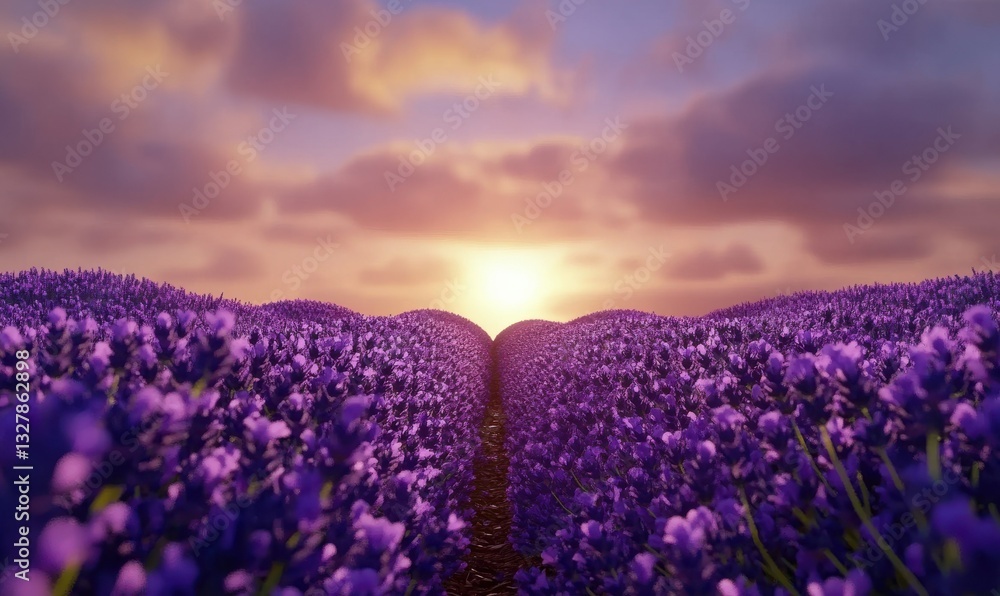 Fototapeta premium Peaceful lavender field at sunset, with rows of vibrant purple flowers stretching into the horizon. Soft light enhances the serene landscape,