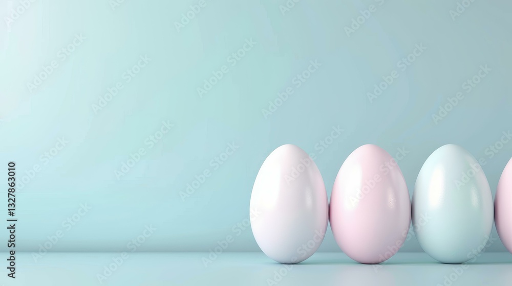 Fototapeta premium Lovely pastel blue backdrop adorned with vibrant Easter eggs, perfect for celebrating the joy of Easter.