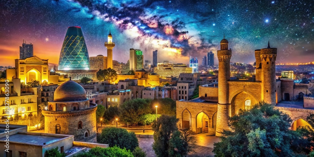 Fototapeta premium Icheri Sheher, Baku, Azerbaijan: Nighttime Cityscape, Ancient Walls, Illuminated Buildings