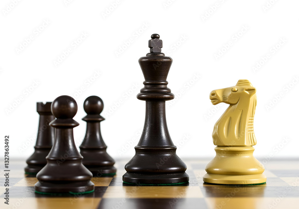 White and black knight chess in a white background with a chessboard as the base. White and black knight chess in a white background with a chessboard as the base.