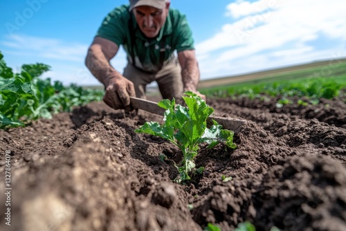 The image depicts a gardener deeply focused on nurturing a young plant, showcasing the essential work of growing food and the importance of agriculture to society. photo