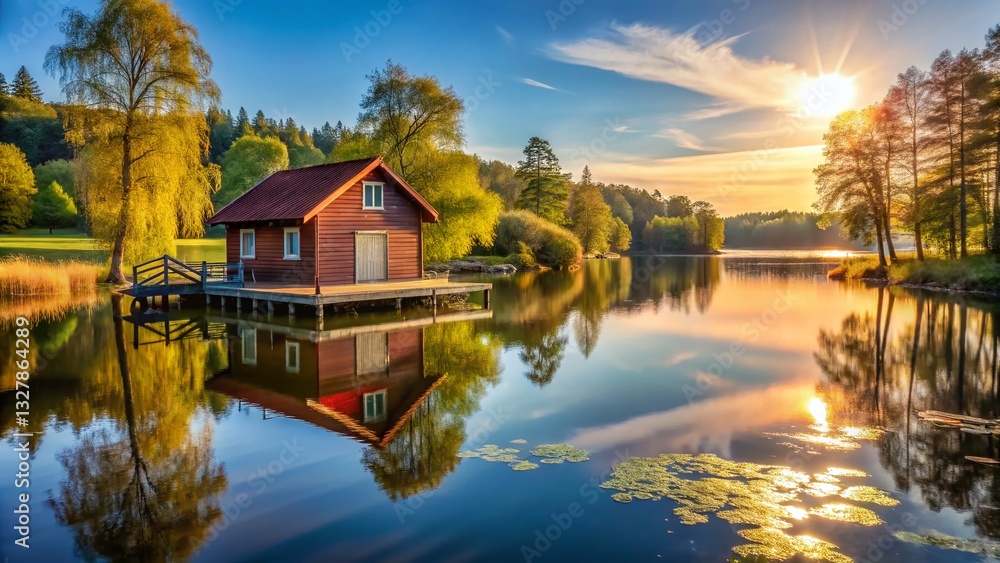 Fototapeta premium Idyllic Swedish Lake House: Tullgarn Park Boat House with Stunning View