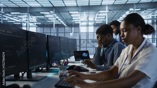 Tired data center engineer yawning, suffering from lack of sleep while maintaining company network infrastructure. Bored server hub worker feeling fatigued, struggling to stay awake, camera A