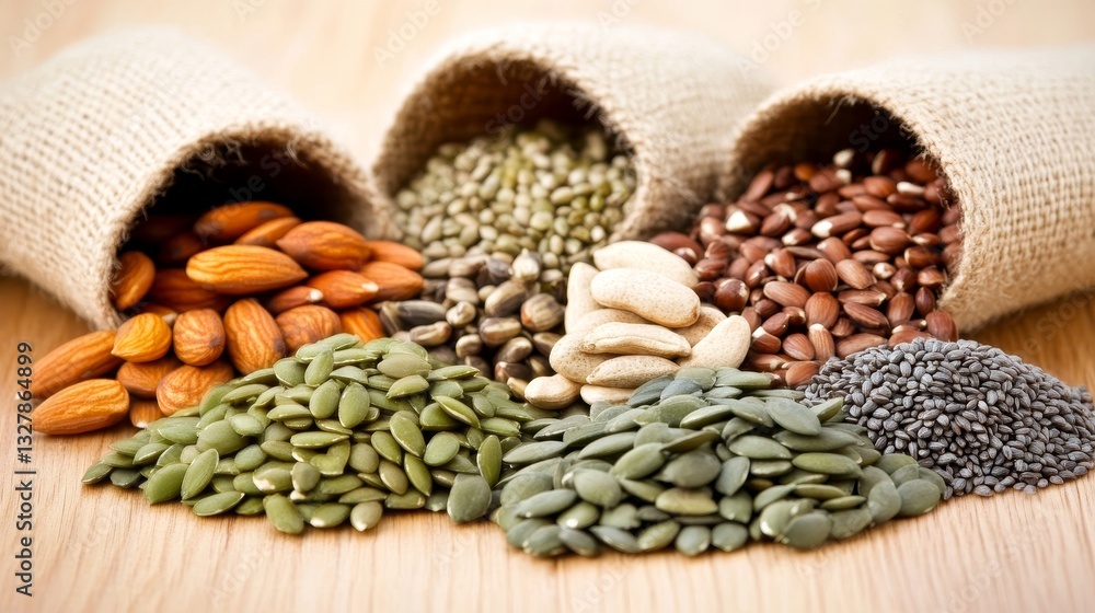 Fototapeta premium Assorted nuts and seeds spilling from burlap sacks on a wood table
