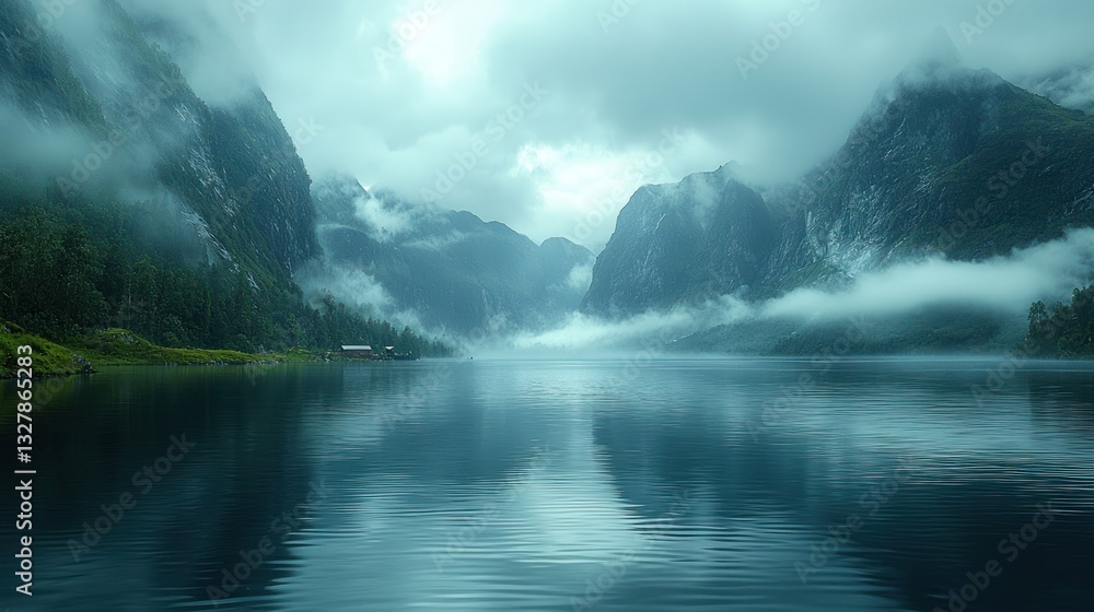 Fototapeta premium Misty fjord landscape with calm water reflecting mountains and clouds. (1)
