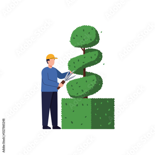 Gardener trimming spiral topiary in flat design style vector art